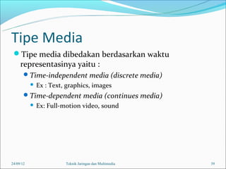 Tipe Media
 Tipe media dibedakan berdasarkan waktu
     representasinya yaitu :
       Time-independent media (discrete ...