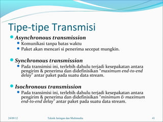 Tipe-tipe Transmisi
 Asynchronous transmission
        Komunikasi tanpa batas waktu
        Paket akan mencari si pener...