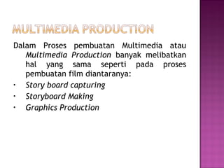 Dalam Proses pembuatan Multimedia atau
   Multimedia Production banyak melibatkan
   hal yang sama seperti pada proses
   pembuatan film diantaranya:
•  Story board capturing
•  Storyboard Making
•  Graphics Production
 