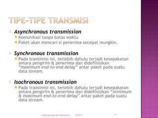    Asynchronous transmission
       Komunikasi tanpa batas waktu
       Paket akan mencari si penerima secepat mungkin.

   Synchronous transmission
       Pada transimisi ini, terlebih dahulu terjadi kesepakatan
        antara pengirim & penerima dan didefinisikan
        “maximum end-to-end delay” antar paket pada suatu
        data stream.

   Isochronous transmission
       Pada transimisi ini, terlebih dahulu terjadi kesepakatan
        antara pengirim & penerima dan didefinisikan “minimum
        & maximum end-to-end delay” antar paket pada suatu
        data stream.


                   Teknik Jaringan dan Multimedia   26/09/12   41
 