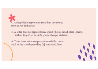 4. A single letter represents more than one sound,
such as box and excite.
5. A letter does not represent any sound (the so-called silent letters),
such as knight, write, debt, gnaw, though, and rose.
6. There is no letter to represent sounds that occur,
such as the vowel-preceding [y] in use and fume.
 