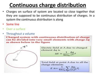 Continuous charge distribution
• Charges on surface of system are located so close together that
they are supposed to be continuous distribution of charges. In a
system the continuous distribution is along
• Some line
• Over a surface
• Throughout a volume
 