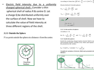 • Electric field intensity due to a uniformly
charged spherical shell:- Consider a thin
spherical shell of radius R & centre O. Let
a charge Q be distributed uniformly over
the surface of shell. Now we have to
calculate the value of field intensity at
three different regions of the shell.
 