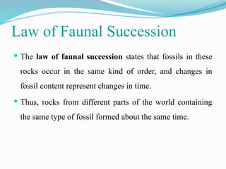 Law of Faunal Succession
 The law of faunal succession states that fossils in these
rocks occur in the same kind of order, and changes in
fossil content represent changes in time.
 Thus, rocks from different parts of the world containing
the same type of fossil formed about the same time.
 