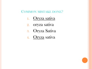 COMMON MISTAKE DONE?
1. Oryza sativa
2. oryza sativa
3. Oryza Sativa
4. Oryza sativa
 