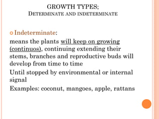 GROWTH TYPES;
DETERMINATE AND INDETERMINATE
 Indeterminate:
means the plants will keep on growing
(continuos), continuing extending their
stems, branches and reproductive buds will
develop from time to time
Until stopped by environmental or internal
signal
Examples: coconut, mangoes, apple, rattans
 
