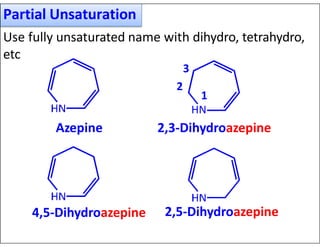 Partial Unsaturation
Azepine 2,3-Dihydroazepine
4,5-Dihydroazepine 2,5-Dihydroazepine
1
2
HN
Use fully unsaturated name with dihydro, tetrahydro,
etc
3
 