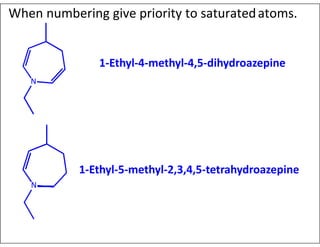 1-Ethyl-4-methyl-4,5-dihydroazepine
N
1-Ethyl-5-methyl-2,3,4,5-tetrahydroazepine
N
When numbering give priority to saturatedatoms.
 