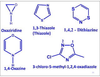 Oxaziridine
1,3-Thiazole
(Thiazole)
1,4-Oxazine 3-chloro-5-methyl-1,2,4-oxadiazole
30
 