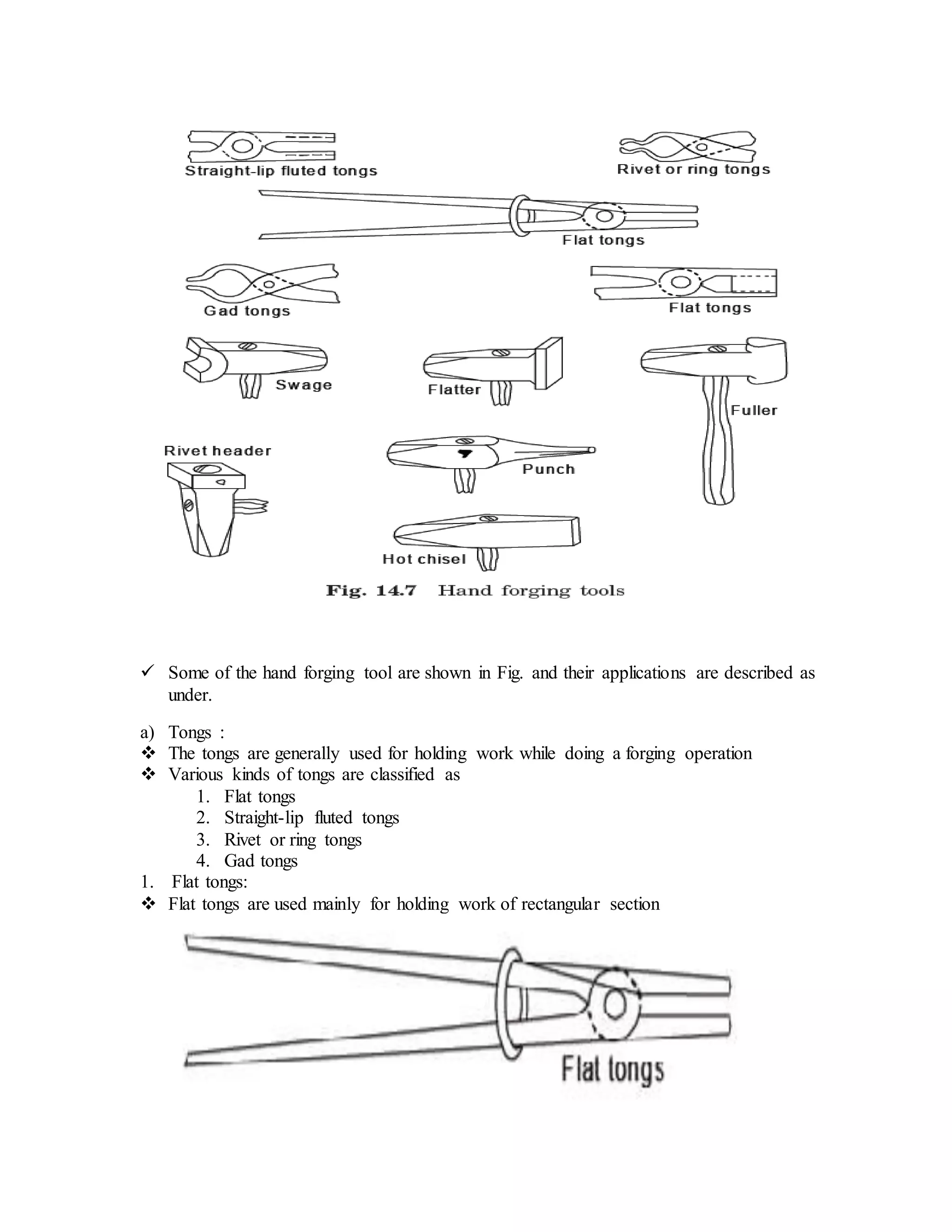  Some of the hand forging tool are shown in Fig. and their applications are described as
under.
a) Tongs :
 The tongs are generally used for holding work while doing a forging operation
 Various kinds of tongs are classified as
1. Flat tongs
2. Straight-lip fluted tongs
3. Rivet or ring tongs
4. Gad tongs
1. Flat tongs:
 Flat tongs are used mainly for holding work of rectangular section
 