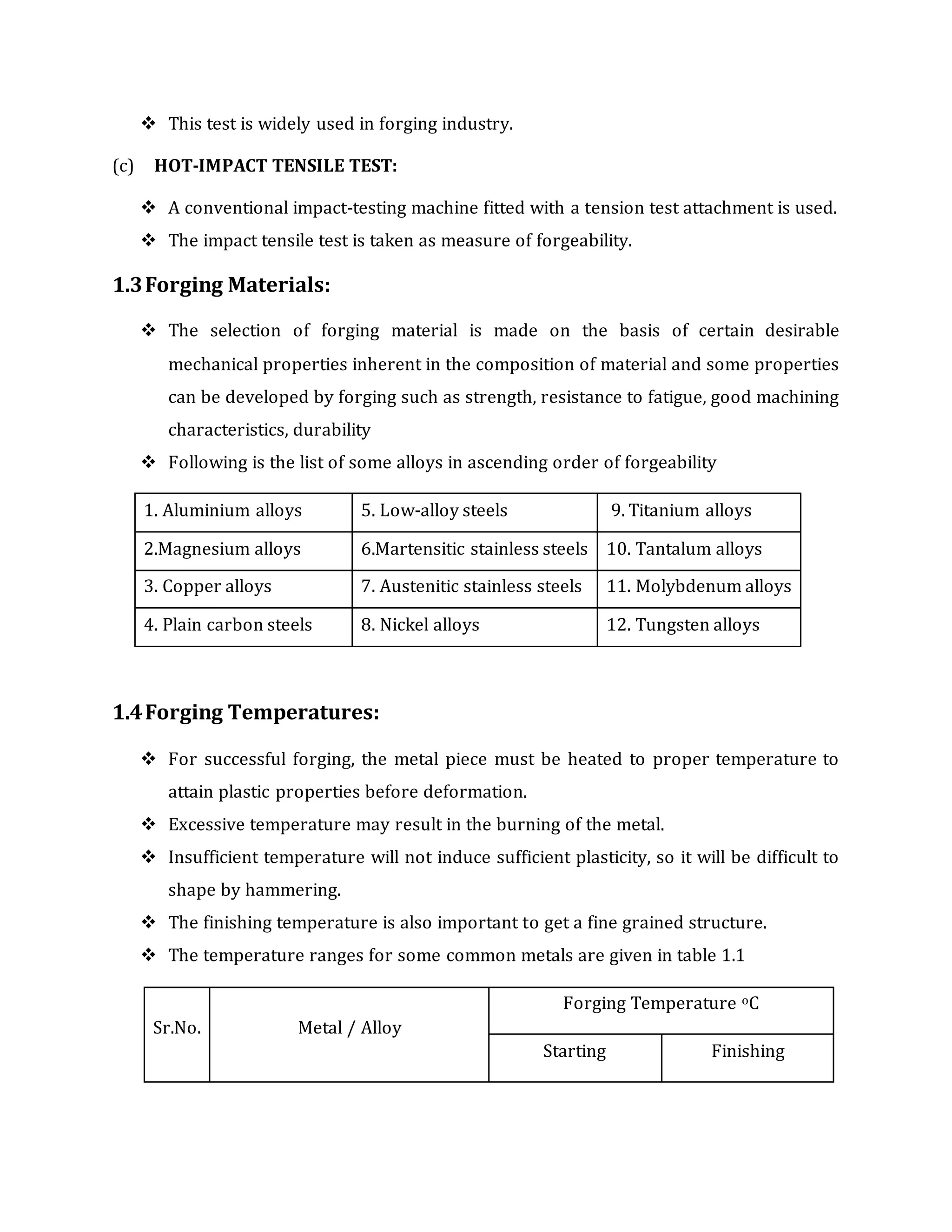  This test is widely used in forging industry.
(c) HOT-IMPACT TENSILE TEST:
 A conventional impact-testing machine fitted with a tension test attachment is used.
 The impact tensile test is taken as measure of forgeability.
1.3Forging Materials:
 The selection of forging material is made on the basis of certain desirable
mechanical properties inherent in the composition of material and some properties
can be developed by forging such as strength, resistance to fatigue, good machining
characteristics, durability
 Following is the list of some alloys in ascending order of forgeability
1. Aluminium alloys 5. Low-alloy steels 9. Titanium alloys
2.Magnesium alloys 6.Martensitic stainless steels 10. Tantalum alloys
3. Copper alloys 7. Austenitic stainless steels 11. Molybdenum alloys
4. Plain carbon steels 8. Nickel alloys 12. Tungsten alloys
1.4Forging Temperatures:
 For successful forging, the metal piece must be heated to proper temperature to
attain plastic properties before deformation.
 Excessive temperature may result in the burning of the metal.
 Insufficient temperature will not induce sufficient plasticity, so it will be difficult to
shape by hammering.
 The finishing temperature is also important to get a fine grained structure.
 The temperature ranges for some common metals are given in table 1.1
Sr.No. Metal / Alloy
Forging Temperature oC
Starting Finishing
 