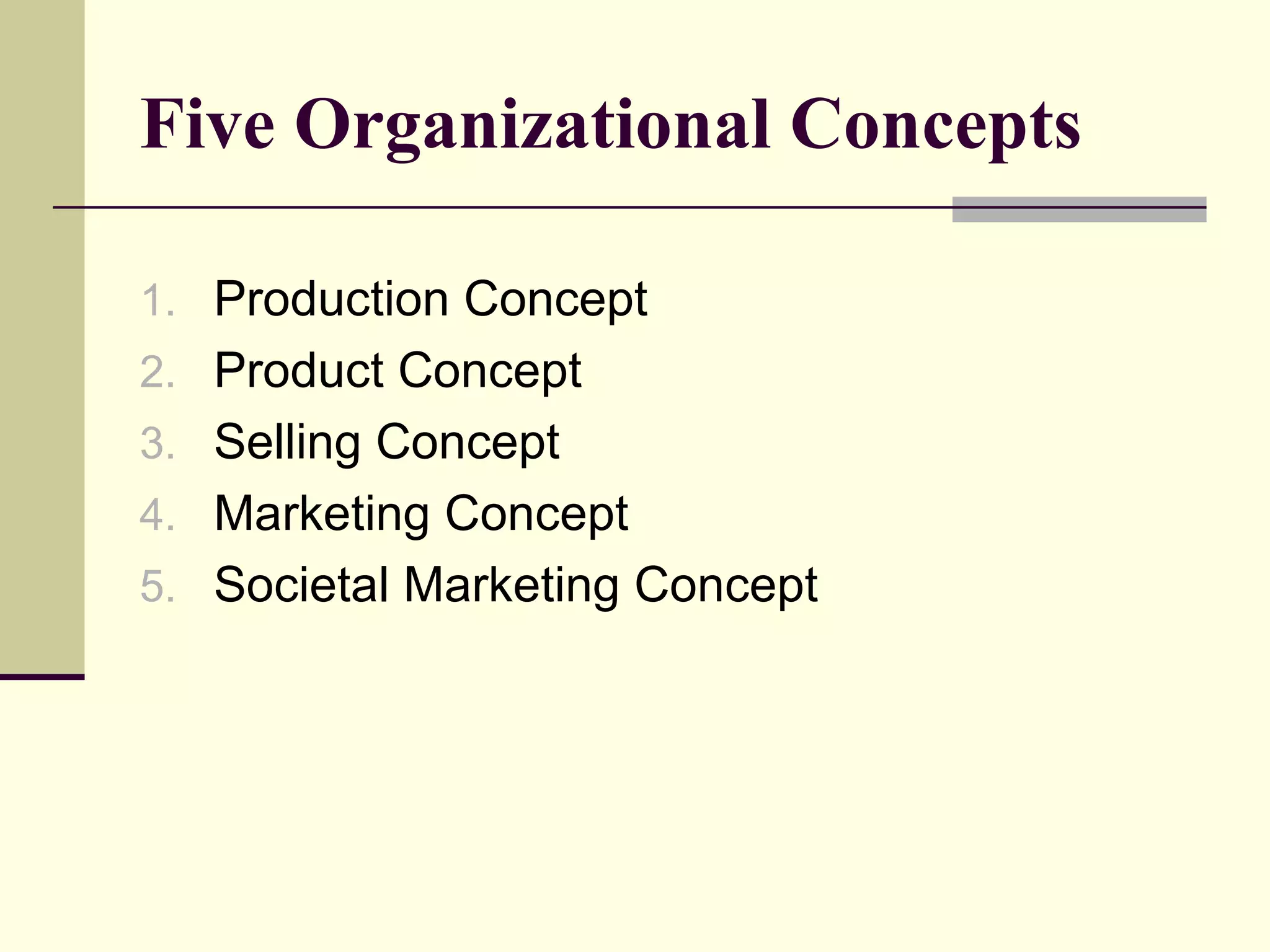 Five Organizational Concepts Production Concept Product Concept Selling Concept Marketing Concept Societal Marketing Concept 
