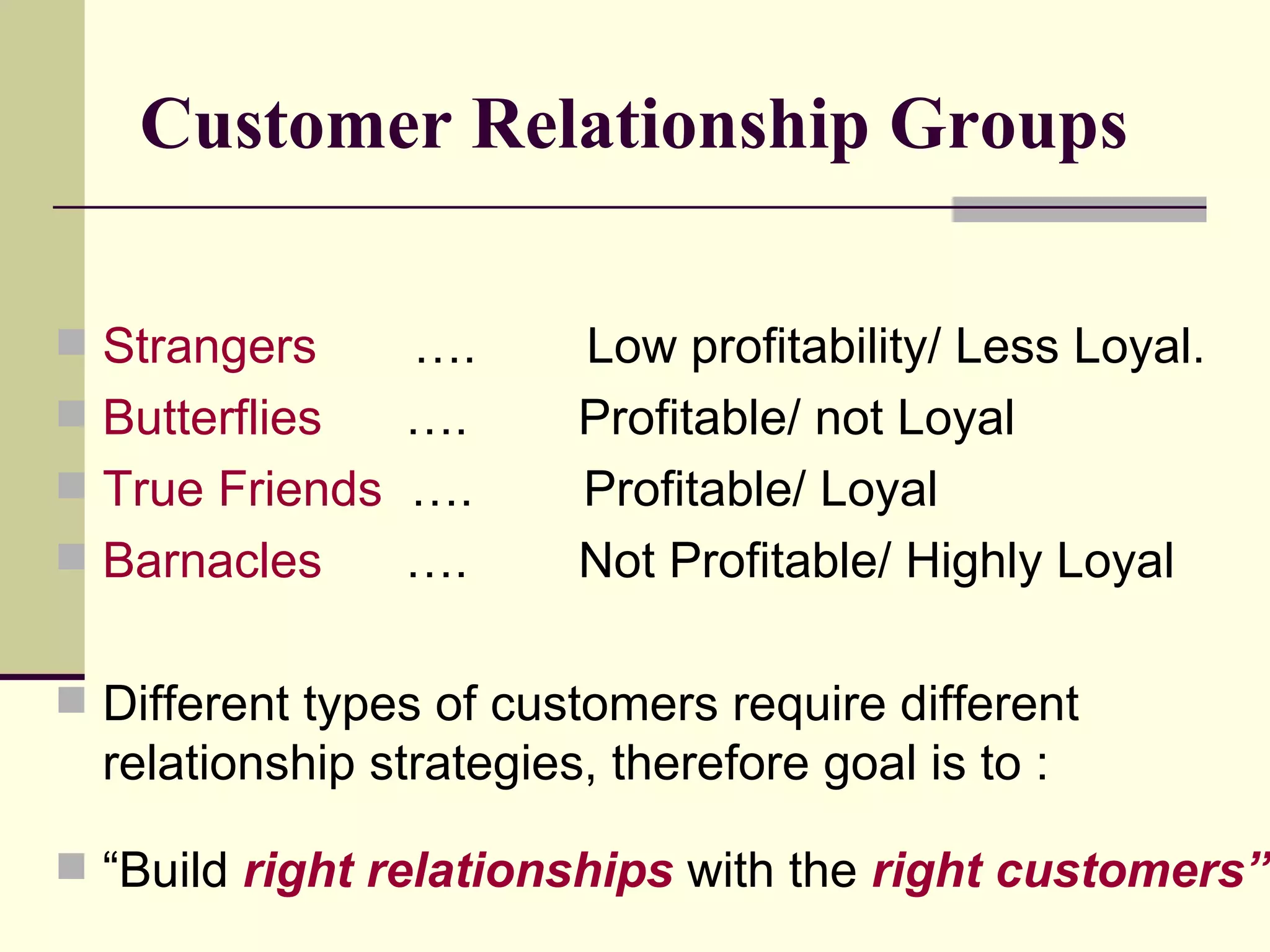 Customer Relationship Groups Strangers   ….  Low profitability/ Less Loyal. Butterflies  ….  Profitable/ not Loyal True Friends   ….  Profitable/ Loyal Barnacles   ….  Not Profitable/ Highly Loyal Different types of customers require different relationship strategies, therefore goal is to : “Build  right relationships  with the  right customers” 