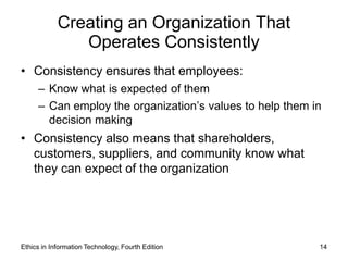 Creating an Organization That
               Operates Consistently
• Consistency ensures that employees:
     – Know what is expected of them
     – Can employ the organization’s values to help them in
       decision making
• Consistency also means that shareholders,
  customers, suppliers, and community know what
  they can expect of the organization




Ethics in Information Technology, Fourth Edition          14
 