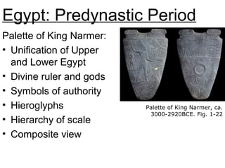Palette of King Narmer:
• Unification of Upper
and Lower Egypt
• Divine ruler and gods
• Symbols of authority
• Hieroglyphs
• Hierarchy of scale
• Composite view
Egypt: Predynastic Period
Palette of King Narmer, ca.
3000-2920BCE. Fig. 1-22
 