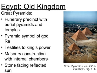 Egypt: Old Kingdom
Great Pyramids, ca. 2551-
2528BCE. Fig. 1-1.
Great Pyramids:
• Funerary precinct with
burial pyramids and
temples
• Pyramid symbol of god
Re
• Testifies to king’s power
• Masonry construction
with internal chambers
• Stone facing reflected
sun
 