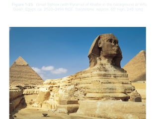 Figure 1-25. Great Sphinx (with Pyramid of Khafre in the background at left),
Gizeh, Egypt, ca. 2520–2494 BCE. Sandstone, approx. 65’ high, 240’ long.
Read “Building the Great Pyramids” on p. 37
 
