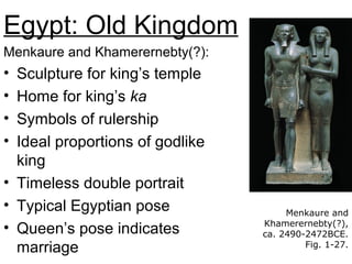 Egypt: Old Kingdom
Menkaure and Khamerernebty(?):
• Sculpture for king’s temple
• Home for king’s ka
• Symbols of rulership
• Ideal proportions of godlike
king
• Timeless double portrait
• Typical Egyptian pose
• Queen’s pose indicates
marriage
Menkaure and
Khamerernebty(?),
ca. 2490-2472BCE.
Fig. 1-27.
 