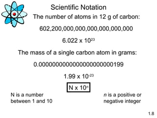 1.8
Scientific Notation
The number of atoms in 12 g of carbon:
602,200,000,000,000,000,000,000
6.022 x 1023
The mass of a single carbon atom in grams:
0.0000000000000000000000199
1.99 x 10-23
N x 10n
N is a number
between 1 and 10
n is a positive or
negative integer
 