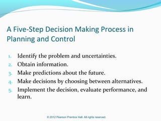 Management Accounting Guidelines
Cost–benefit approach is commonly used: benefits

generally must exceed costs as a basic decision rule.
Behavioral and technical considerations—people are
involved in decisions, not just dollars and cents.
Managers use alternative ways to compute costs in
different decision-making situations.

© 2012 Pearson Prentice Hall. All rights reserved.

 