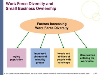 1 | 15© 2012 Cengage Learning. All Rights Reserved. May not be scanned, copied or duplicated, or posted to a publicly accessible website, in whole or in part.
Work Force Diversity and
Small Business Ownership
Aging
population
More women
entering the
work force
Increased
birthrate of
minority
groups
Needs and
abilities of
people with
handicaps
Factors Increasing
Work Force Diversity
 