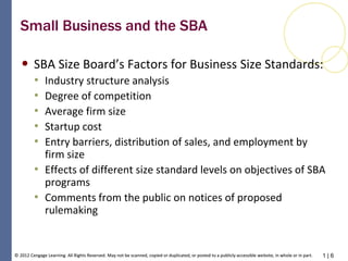 1 | 6© 2012 Cengage Learning. All Rights Reserved. May not be scanned, copied or duplicated, or posted to a publicly accessible website, in whole or in part.© 2012 Cengage Learning. All Rights Reserved. May not be scanned, copied or duplicated, or posted to a publicly accessible website, in whole or in part.
Small Business and the SBA
• SBA Size Board’s Factors for Business Size Standards:
• Industry structure analysis
• Degree of competition
• Average firm size
• Startup cost
• Entry barriers, distribution of sales, and employment by
firm size
• Effects of different size standard levels on objectives of SBA
programs
• Comments from the public on notices of proposed
rulemaking
 