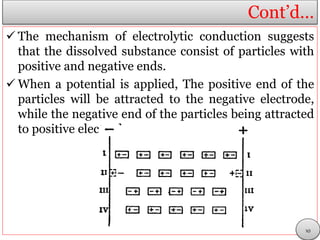 Cont’d…
 The mechanism of electrolytic conduction suggests
that the dissolved substance consist of particles with
positive and negative ends.
 When a potential is applied, The positive end of the
particles will be attracted to the negative electrode,
while the negative end of the particles being attracted
to positive electrode.
10
 