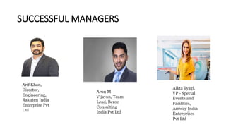 SUCCESSFUL MANAGERS
Arif Khan,
Director,
Engineering,
Rakuten India
Enterprise Pvt
Ltd
Arun M
Vijayan, Team
Lead, Beroe
Consulting
India Pvt Ltd
Aikta Tyagi,
VP - Special
Events and
Facilities,
Amway India
Enterprises
Pvt Ltd
 