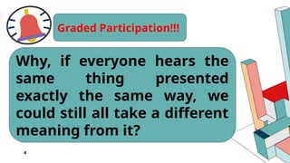 4
Graded Participation!!!
Why, if everyone hears the
same thing presented
exactly the same way, we
could still all take a different
meaning from it?
 