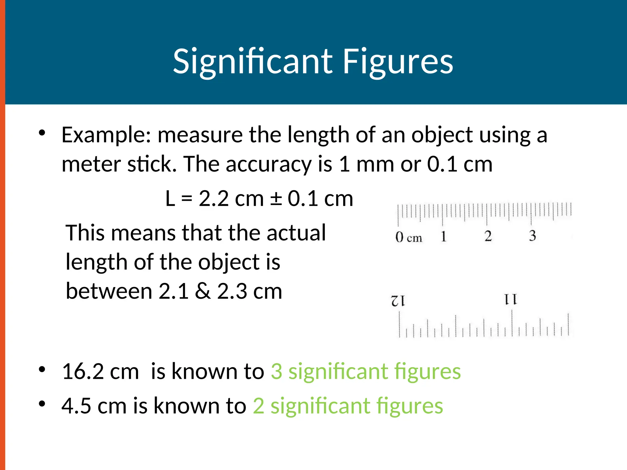 Significant Figures
• Example: measure the length of an object using a
meter stick. The accuracy is 1 mm or 0.1 cm
L = 2.2 cm ± 0.1 cm
This means that the actual
length of the object is
between 2.1 & 2.3 cm
• 16.2 cm is known to 3 significant figures
• 4.5 cm is known to 2 significant figures
 