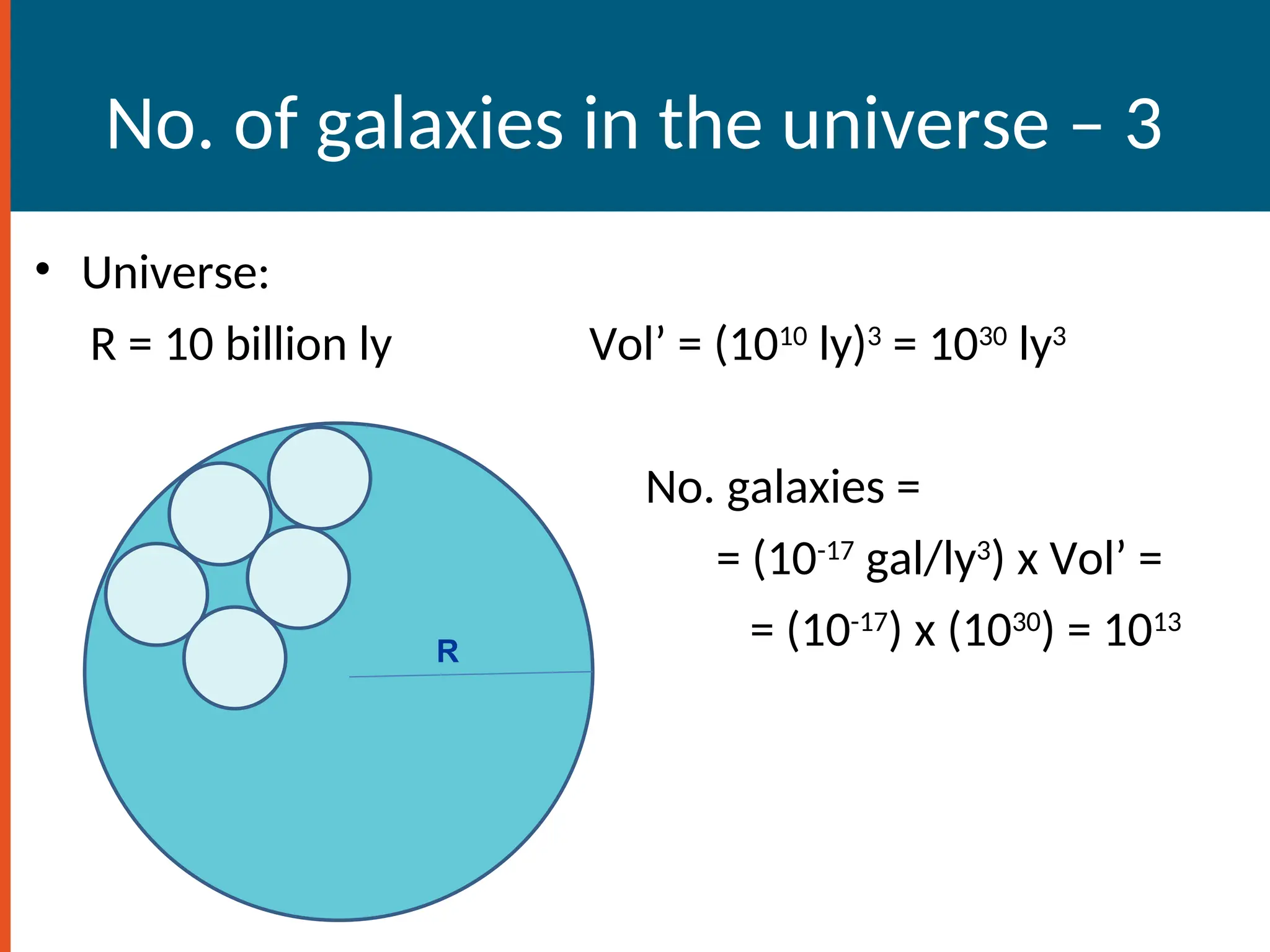 No. of galaxies in the universe – 3
• Universe:
R = 10 billion ly Vol’ = (1010
ly)3
= 1030
ly3
No. galaxies =
= (10-17
gal/ly3
) x Vol’ =
= (10-17
) x (1030
) = 1013
R
 