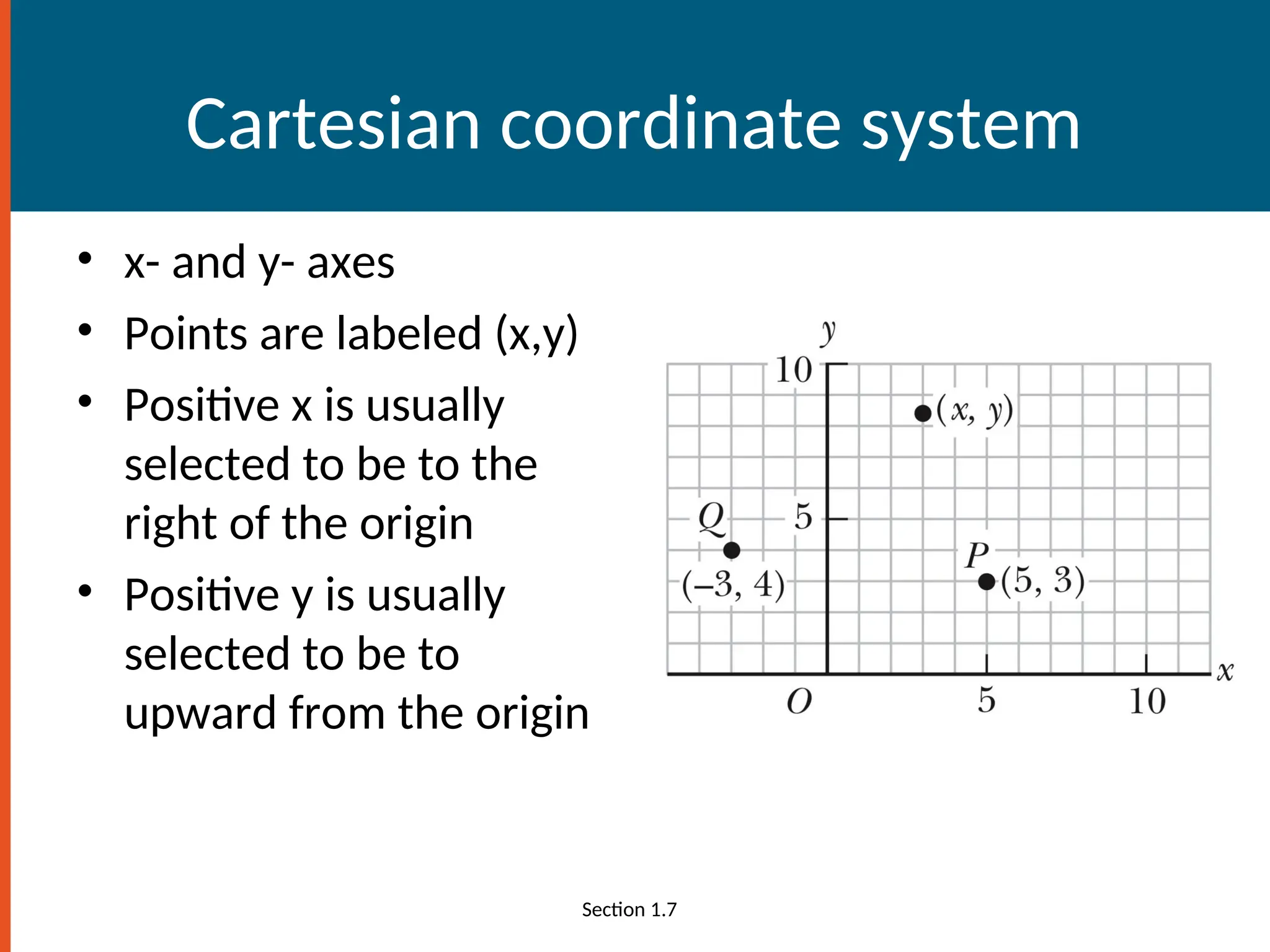 Cartesian coordinate system
• x- and y- axes
• Points are labeled (x,y)
• Positive x is usually
selected to be to the
right of the origin
• Positive y is usually
selected to be to
upward from the origin
Section 1.7
 