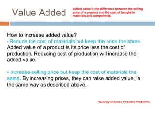 Value Added
Added value is the difference between the selling
price of a product and the cost of bought-in
materials and components.
How to increase added value?
• Reduce the cost of materials but keep the price the same.
Added value of a product is its price less the cost of
production. Reducing cost of production will increase the
added value.
• Increase selling price but keep the cost of materials the
same. By increasing prices, they can raise added value, in
the same way as described above.
*Quickly Discuss Possible Problems
 