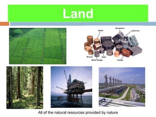 Land
All of the natural resources provided by nature
 