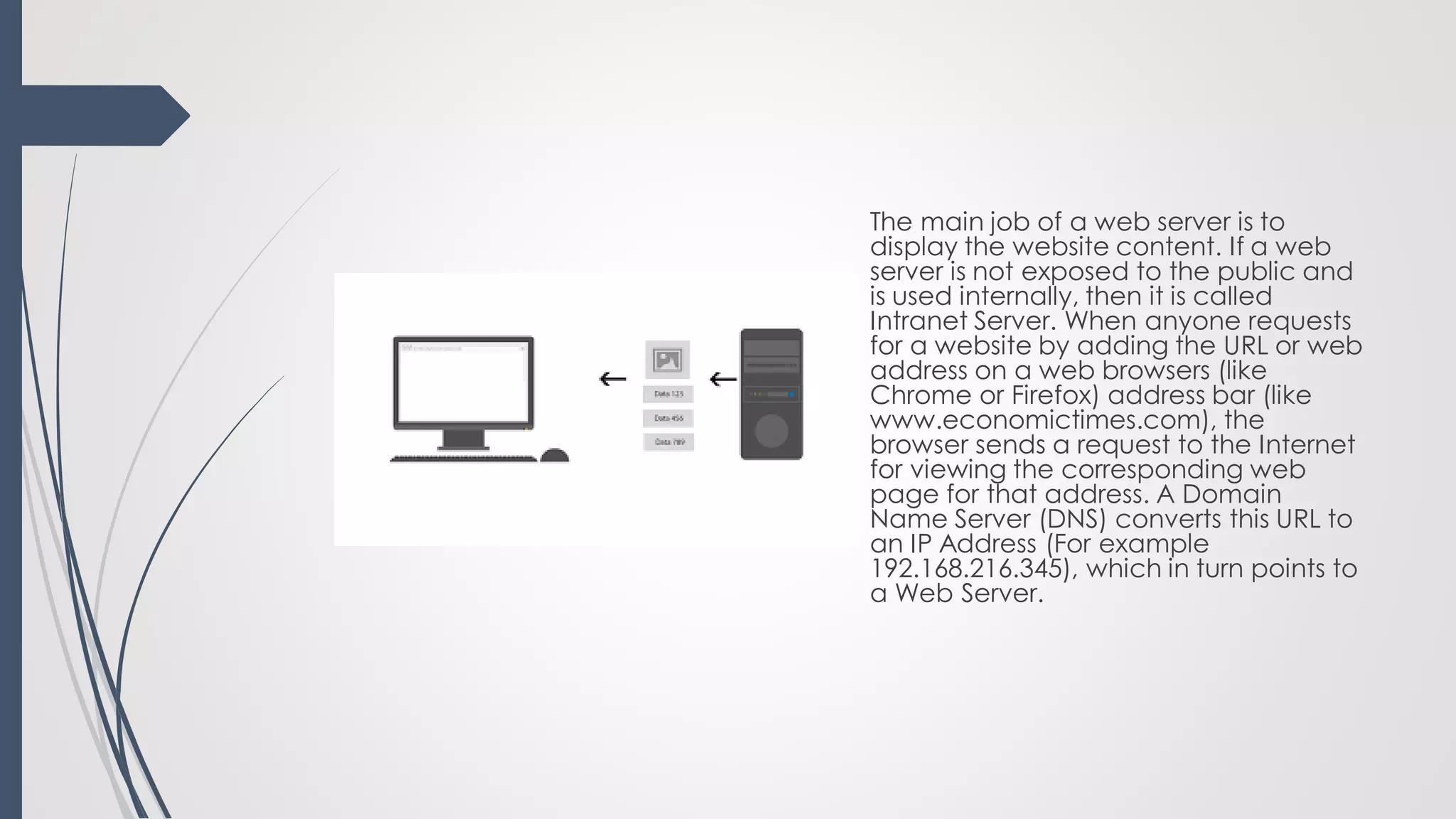 The main job of a web server is to
display the website content. If a web
server is not exposed to the public and
is used internally, then it is called
Intranet Server. When anyone requests
for a website by adding the URL or web
address on a web browsers (like
Chrome or Firefox) address bar (like
www.economictimes.com), the
browser sends a request to the Internet
for viewing the corresponding web
page for that address. A Domain
Name Server (DNS) converts this URL to
an IP Address (For example
192.168.216.345), which in turn points to
a Web Server.
 