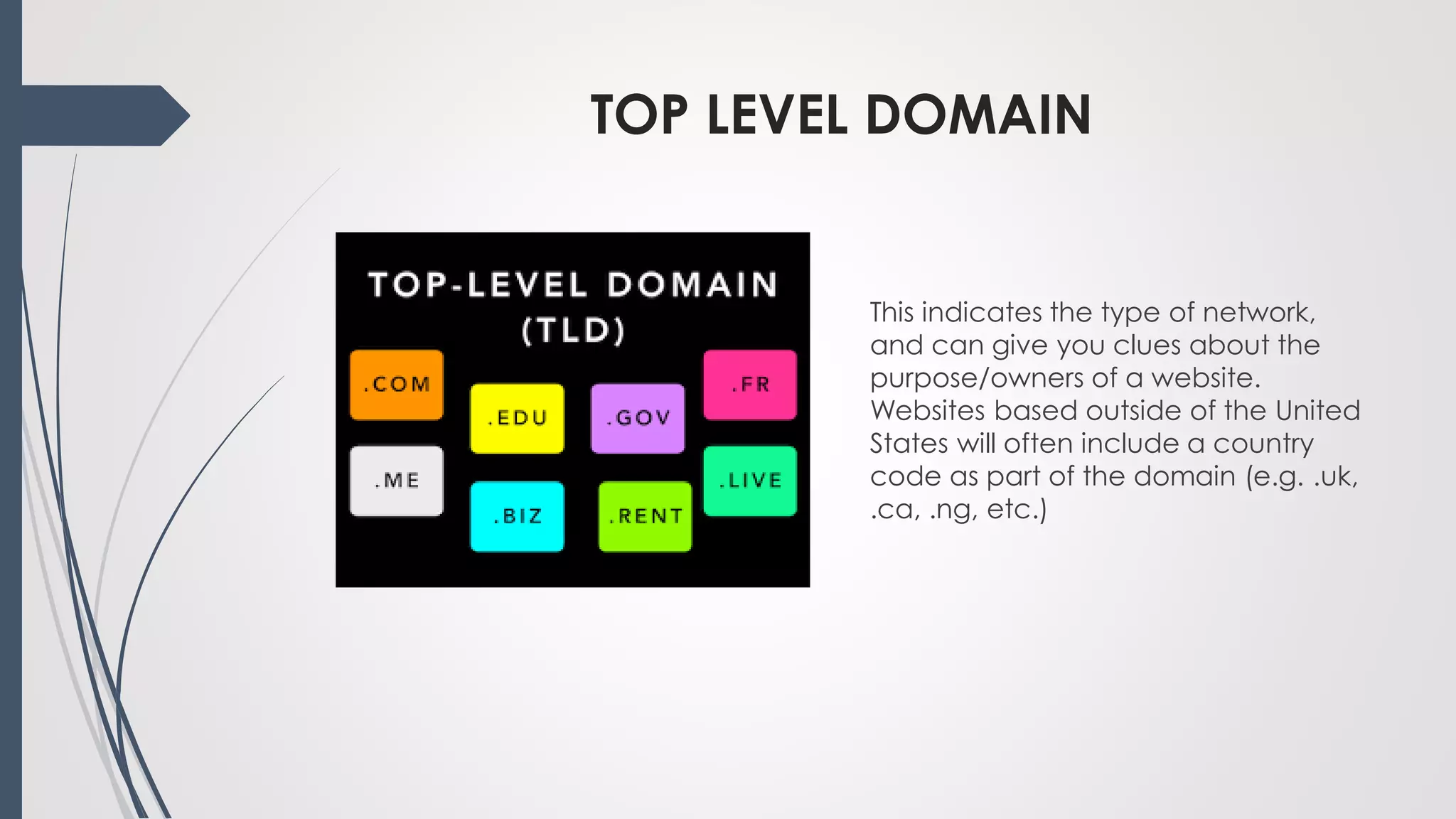 TOP LEVEL DOMAIN
This indicates the type of network,
and can give you clues about the
purpose/owners of a website.
Websites based outside of the United
States will often include a country
code as part of the domain (e.g. .uk,
.ca, .ng, etc.)
 