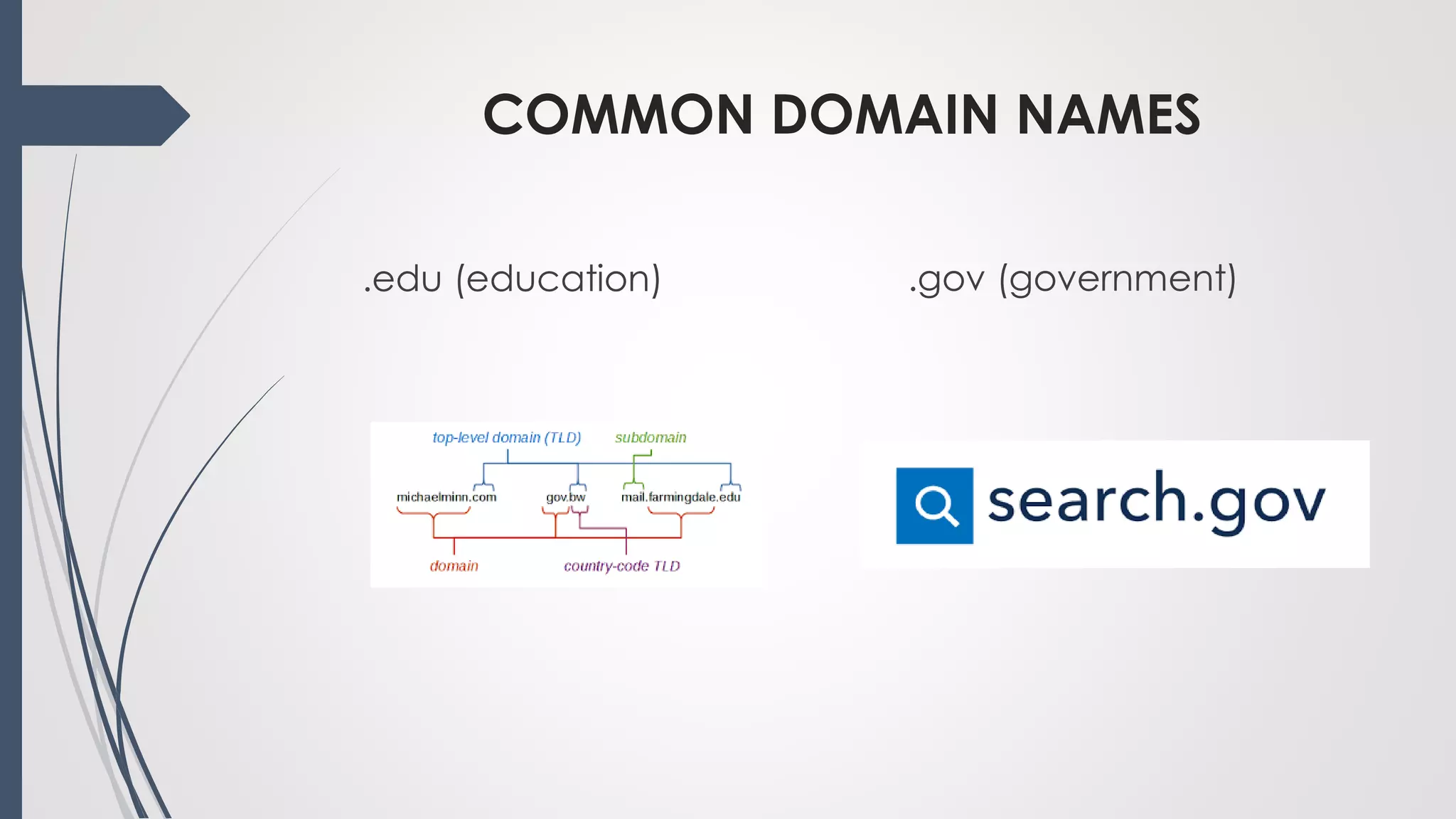 COMMON DOMAIN NAMES
.edu (education) .gov (government)
 