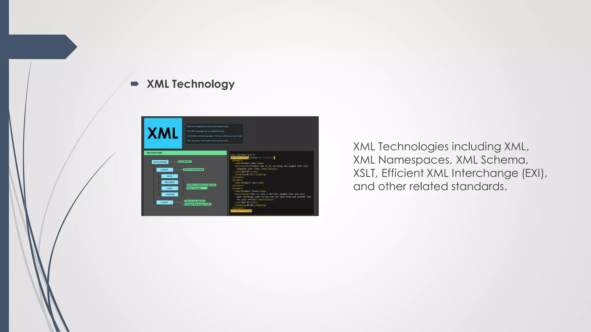  XML Technology
XML Technologies including XML,
XML Namespaces, XML Schema,
XSLT, Efficient XML Interchange (EXI),
and other related standards.
 