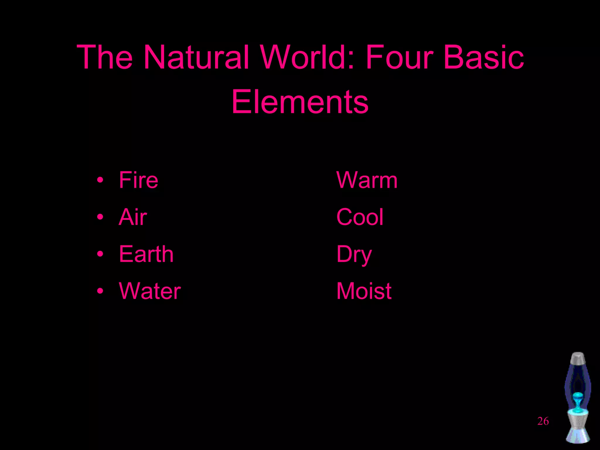The Natural World: Four Basic Elements Fire Warm Air Cool Earth Dry Water Moist 