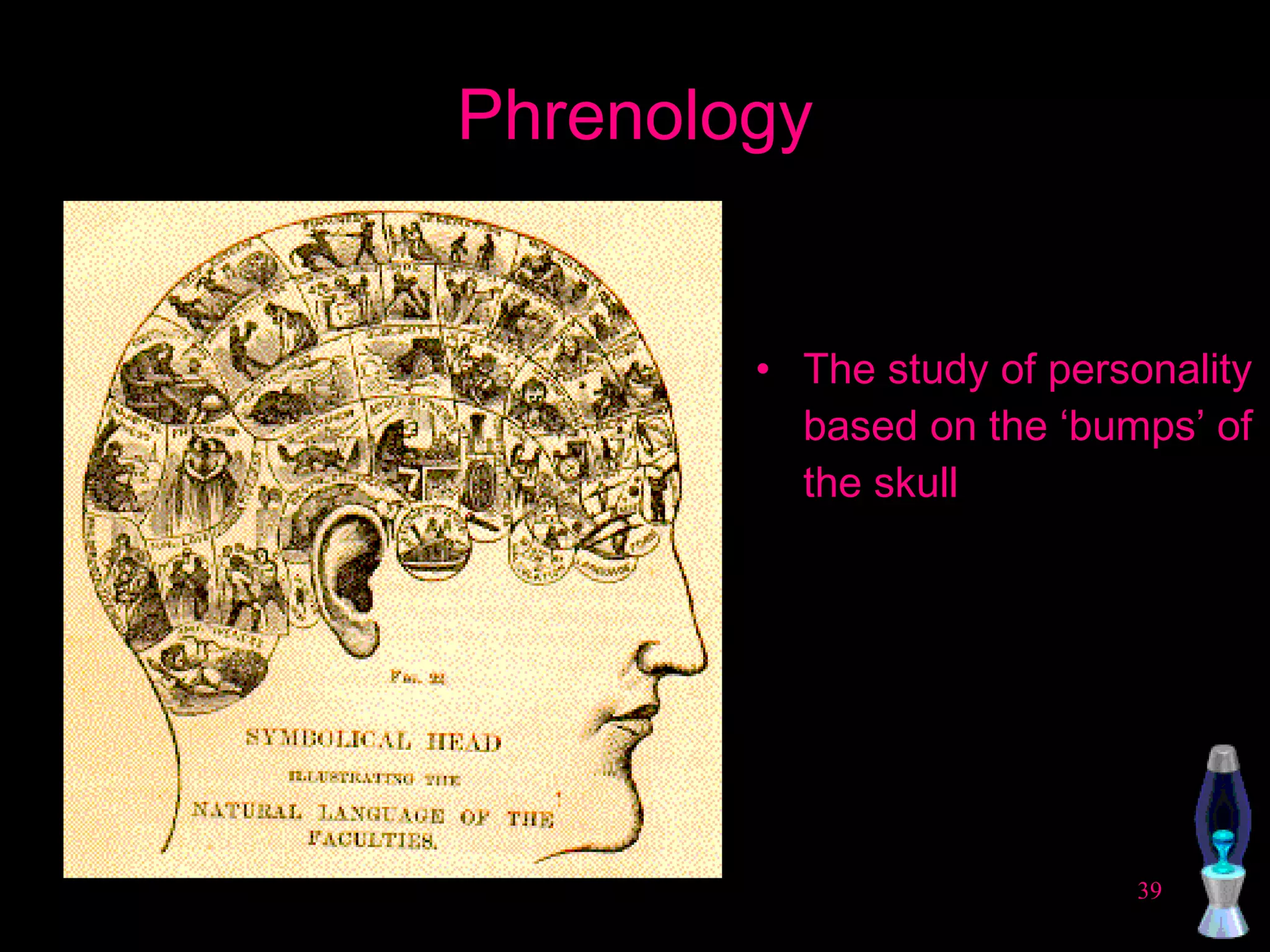 Phrenology The study of personality based on the ‘bumps’ of the skull 