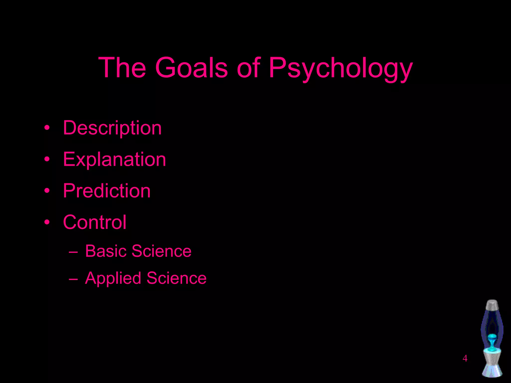 The Goals of Psychology Description Explanation Prediction Control Basic Science Applied Science 