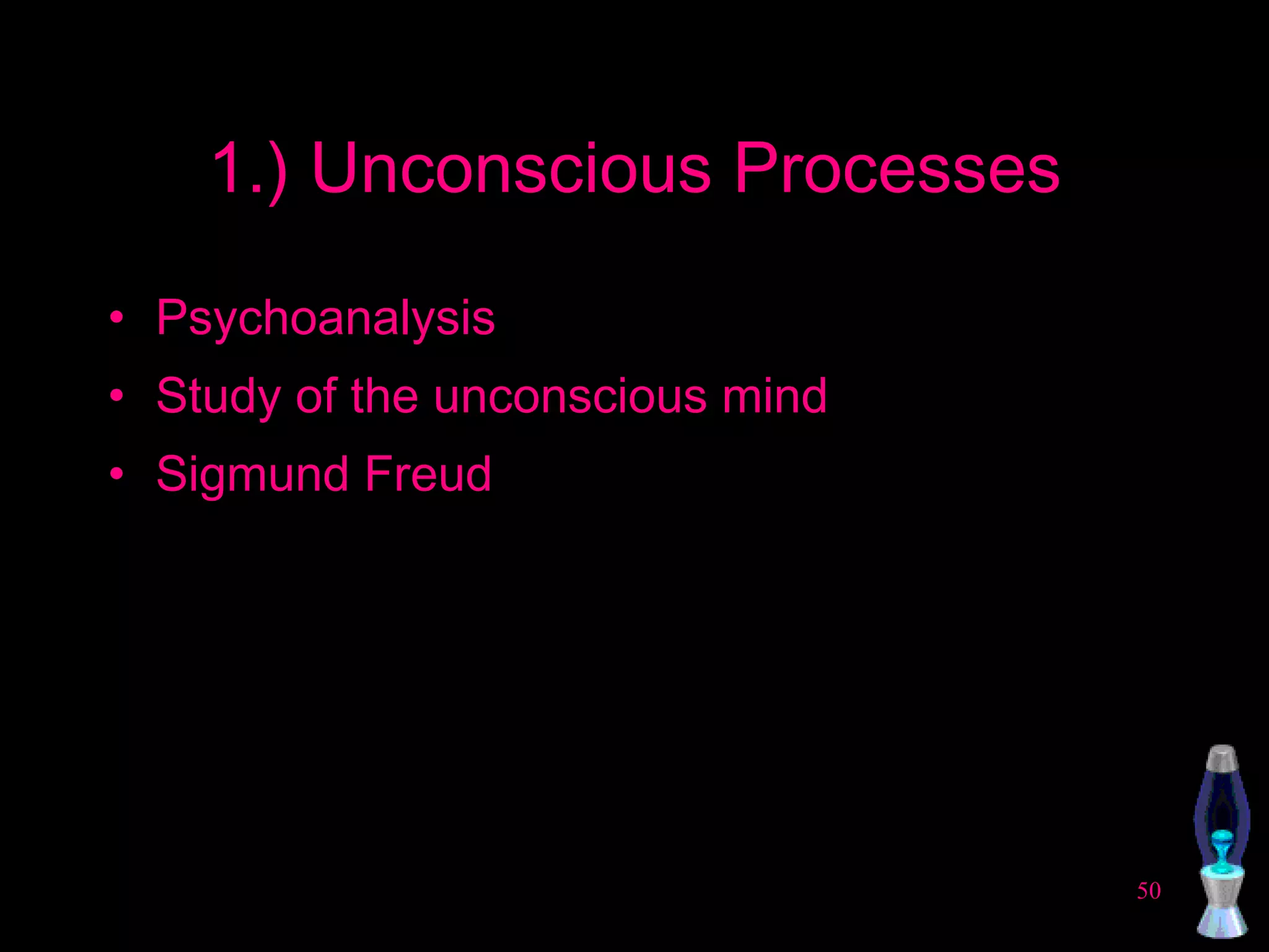 1.) Unconscious Processes Psychoanalysis Study of the unconscious mind Sigmund Freud 