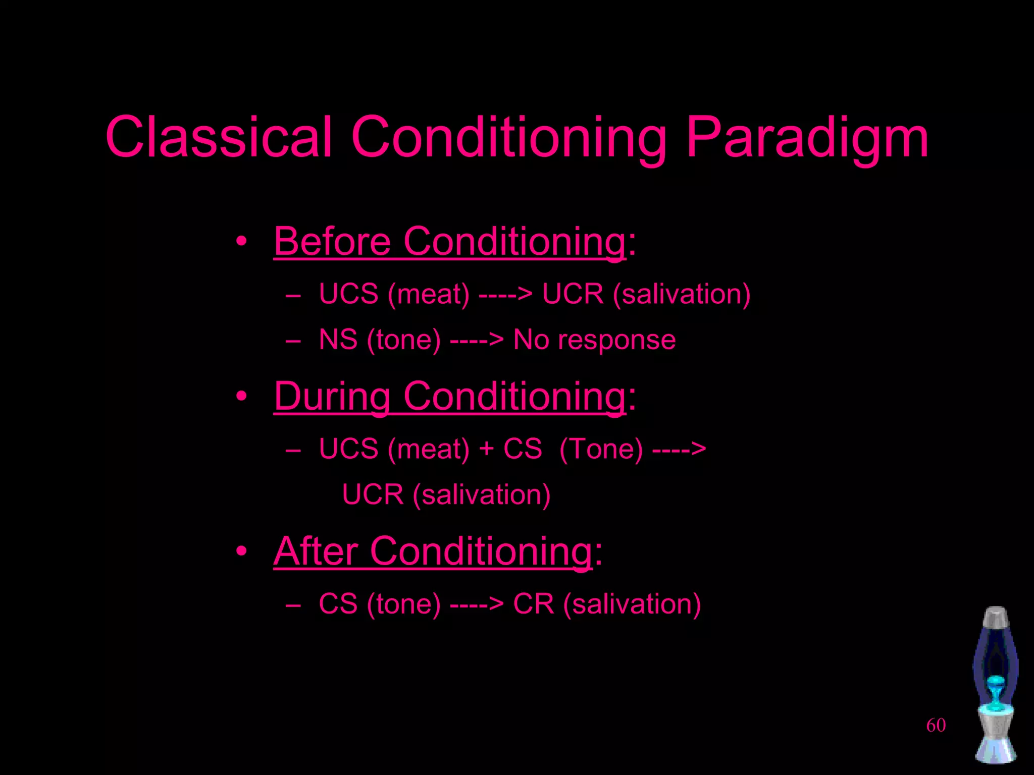 Classical Conditioning Paradigm Before Conditioning : UCS (meat) ----> UCR (salivation) NS (tone) ----> No response During Conditioning : UCS (meat) + CS  (Tone) ---->  UCR (salivation) After Conditioning : CS (tone) ----> CR (salivation) 