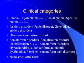 Clinical categories
 Phobia ( Agoraphobia（场所）, Social phobia, Specific
phobia（单项恐怖）)
 Anxiety disorder ( Panic disorder, Generalized
anxiety disorder)
 Obsessive-compulsive disorder
 Somatoform disorders (Somatization disorder,
Undifferentiated（未分化） somatoform disorders,
Hypochondriasis, Somatoform autonomic
dysfunction, Persistent somatoform pain disorder)
 Neurasthenia神经衰弱症
 
