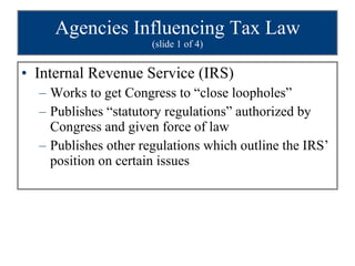 Agencies Influencing Tax Law (slide 1 of 4) Internal Revenue Service (IRS) Works to get Congress to “close loopholes” Publishes “statutory regulations” authorized by Congress and given force of law Publishes other regulations which outline the IRS’ position on certain issues 