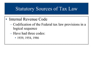 Statutory Sources of Tax Law Internal Revenue Code Codification of the Federal tax law provisions in a logical sequence Have had three codes: 1939, 1954, 1986  