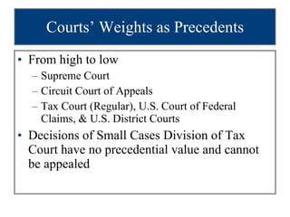 Courts’ Weights as Precedents From high to low Supreme Court Circuit Court of Appeals Tax Court (Regular), U.S. Court of Federal Claims, & U.S. District Courts Decisions of Small Cases Division of Tax Court have no precedential value and cannot be appealed 