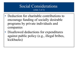 Social Considerations   (slide 2 of 2) Deduction for charitable contributions to encourage funding of socially desirable programs by private individuals and companies Disallowed deductions for expenditures against public policy (e.g., illegal bribes, kickbacks) 