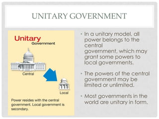 UNITARY GOVERNMENT
• In a unitary model, all
power belongs to the
central
government, which may
grant some powers to
local governments.
• The powers of the central
government may be
limited or unlimited.
• Most governments in the
world are unitary in form.
 