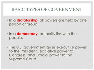 BASIC TYPES OF GOVERNMENT
• In a dictatorship, all powers are held by one
person or group.
• In a democracy, authority lies with the
people.
• The U.S. government gives executive power
to the President, legislative power to
Congress, and judicial power to the
Supreme Court.
 
